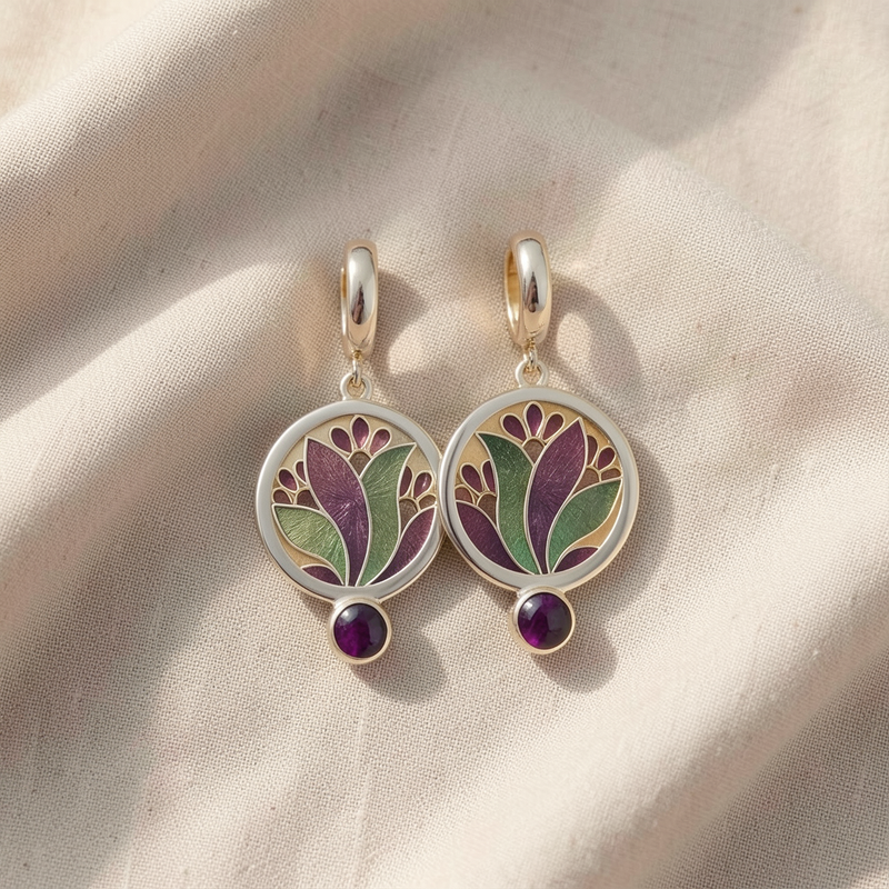 Boho auskarai su violetiniu kristalu